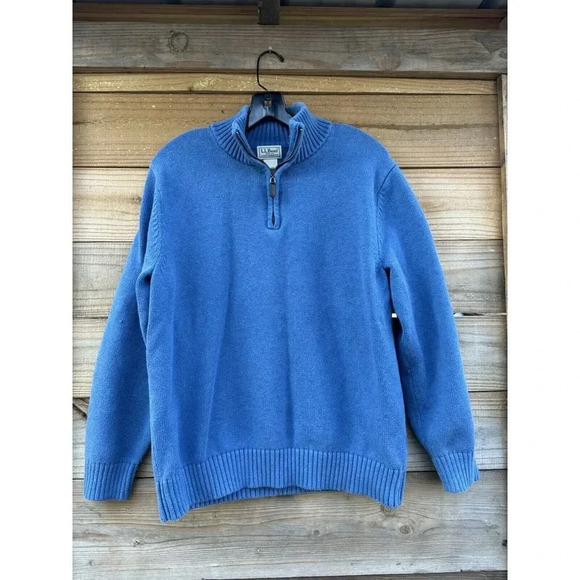 LL Bean Men's Large 1/4 Zip Mock Neck Sweater Long Sleeve 100% Cotton Blue - Picture 2 of 10